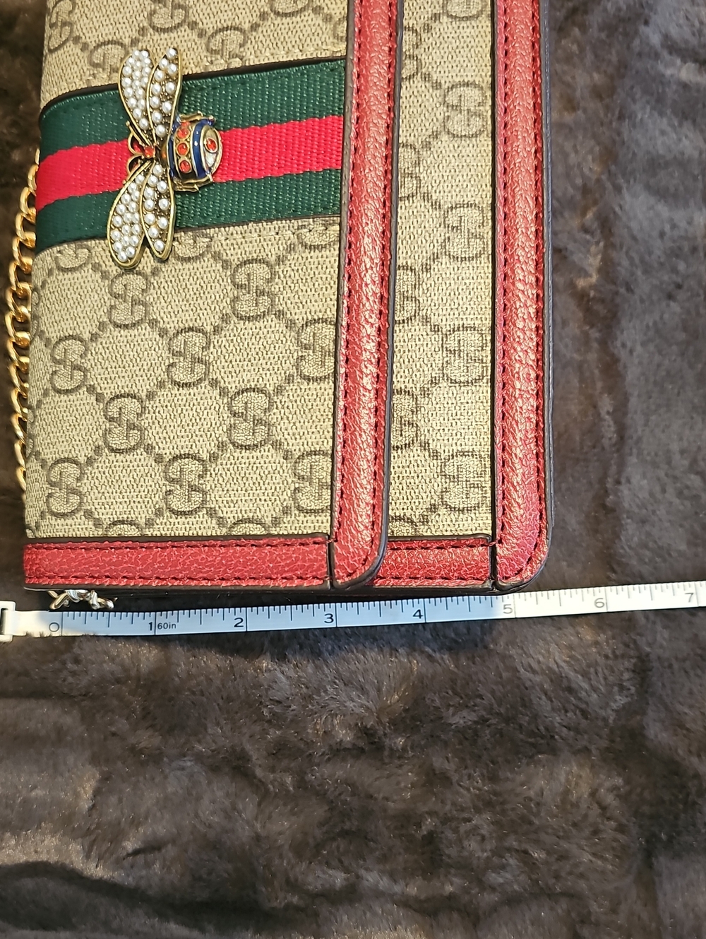 Beige Shoulder Bag with Red Trim and Green-Red Web - Picture 5 of 5